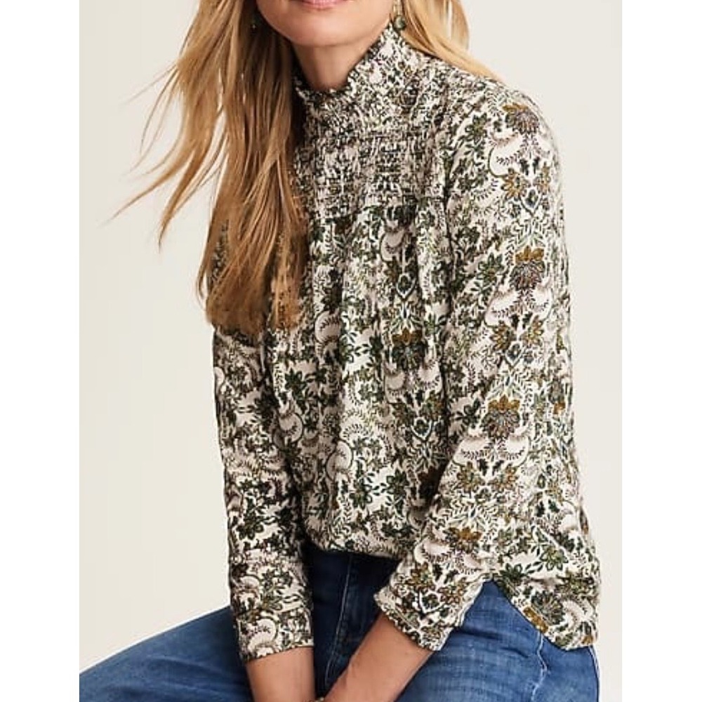 J. Jill Barley Vibrant Damask Smocked Mock Neck Top MT Tall Green Gold